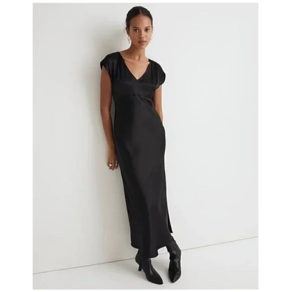 Madewell Wide V-Neck Drapey Satin Midi Dress Black Size 0/XS NWT